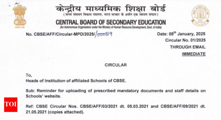 CBSE issues important notice for schools on mandatory document uploading and teacher details | – Times of India