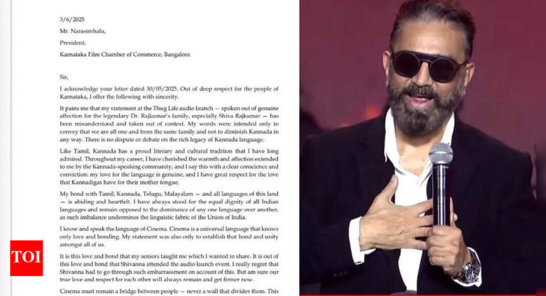 Kamal Haasan clarifies his controversial statement through a letter to KFCC president amid the ‘Thug Life’ release threat: “It pains me that my statement…” | Tamil Movie News – Times of India