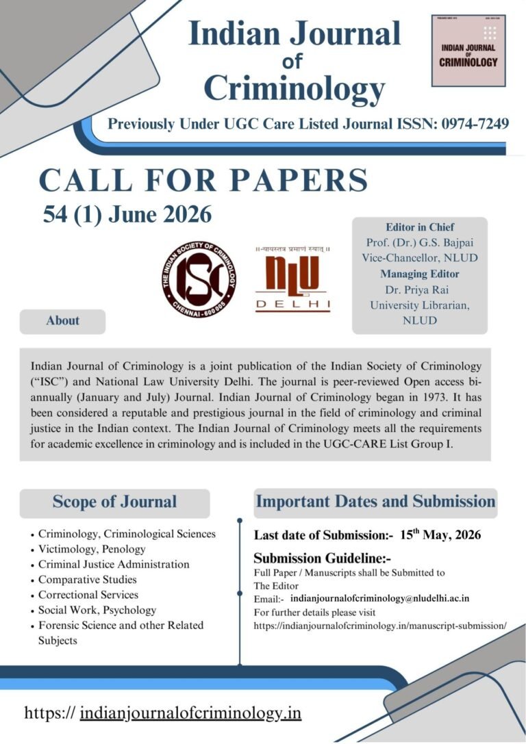 Call for Papers: Indian Journal of Criminology Volume 54 (1)